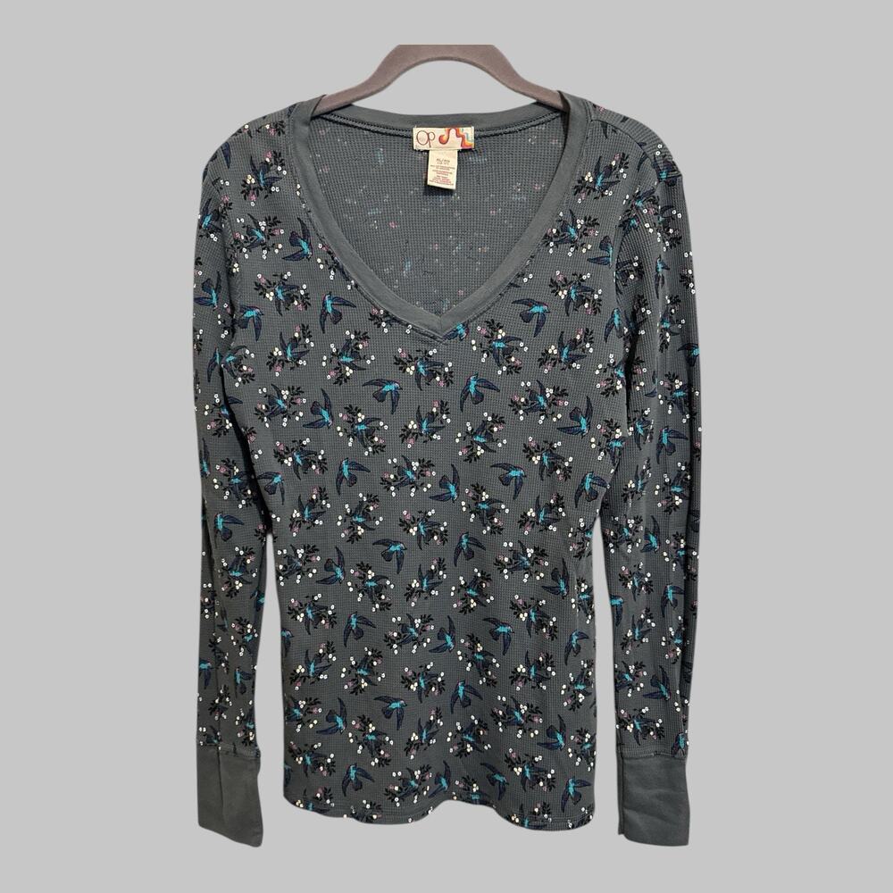 OP Y2K Womens Thermal Waffle Knit Soft Grey Cottagecore Boho Bird Floral Top XL